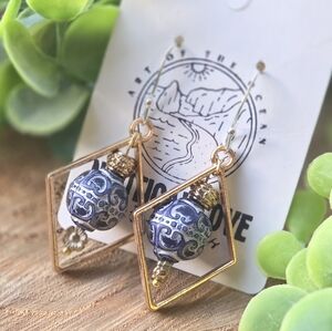 Gold and Blue Mala Bead Geometric Earrings